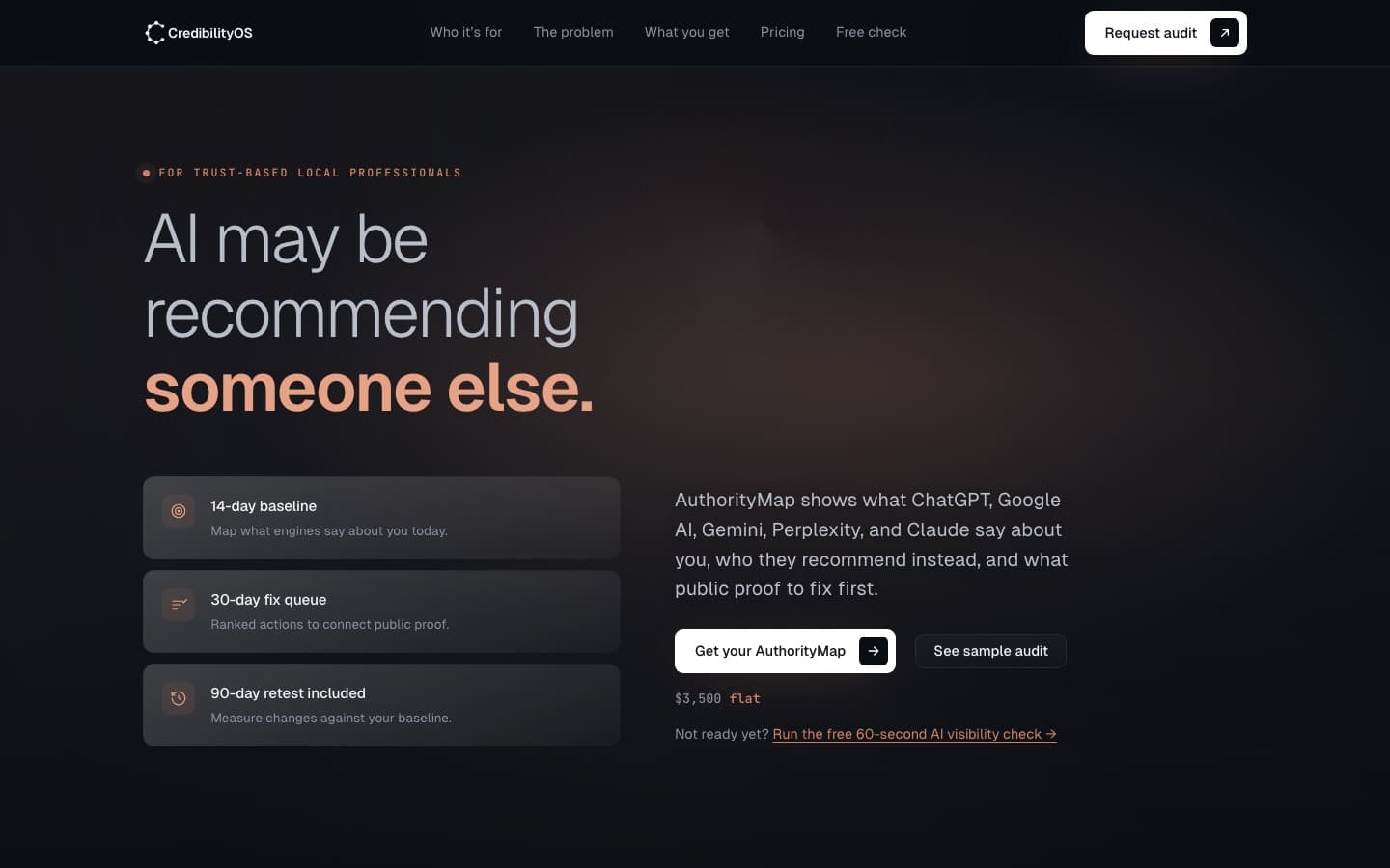 CredibilityOS dark product website explaining AI recommendations and source visibility