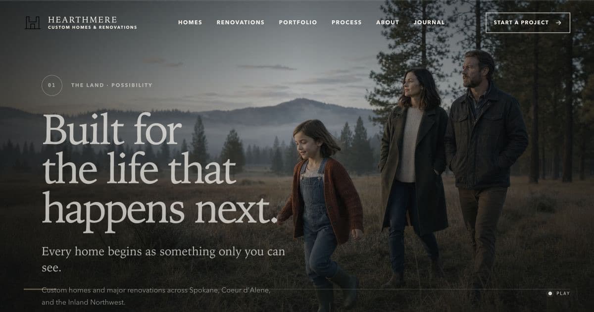 Hearthmere custom home website concept featuring a family outside a modern home