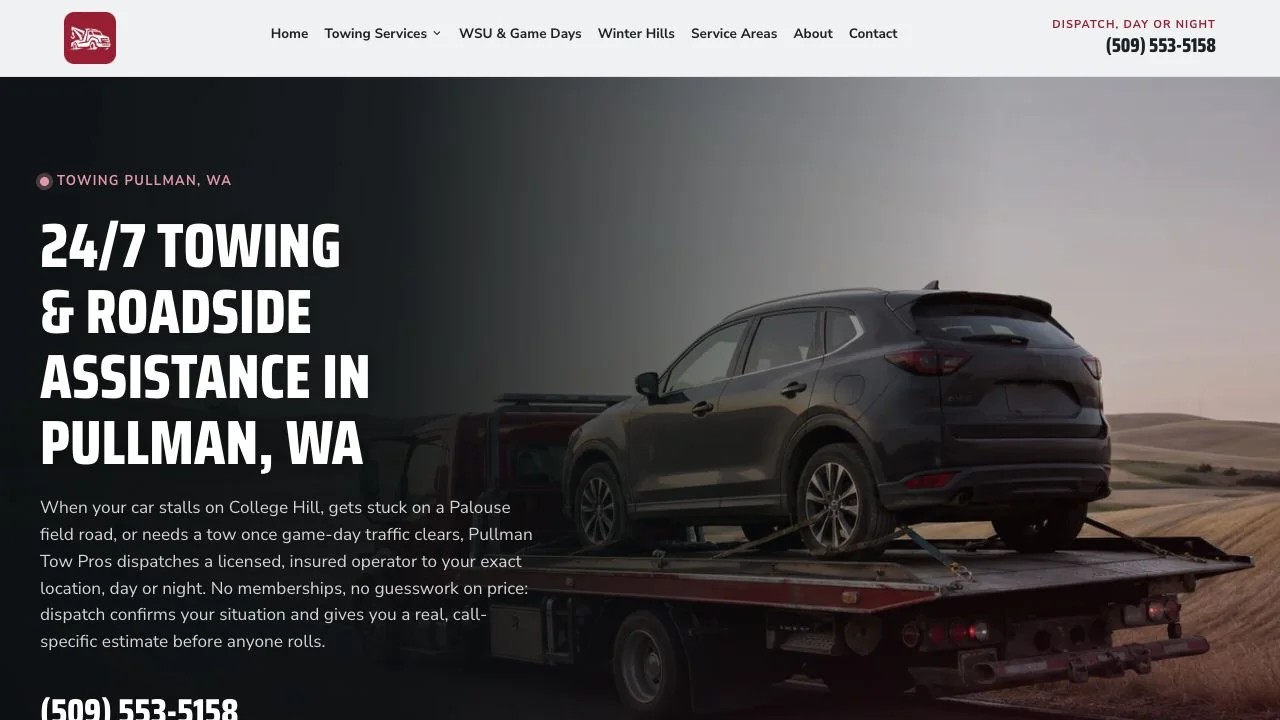 Pullman Tow Pros emergency towing website with a vehicle on a flatbed