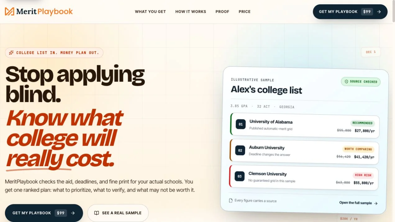 MeritPlaybook college cost product landing page and sample report