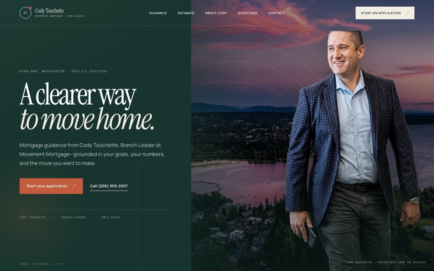 Cody Touchette mortgage advisor website with a green editorial layout and portrait