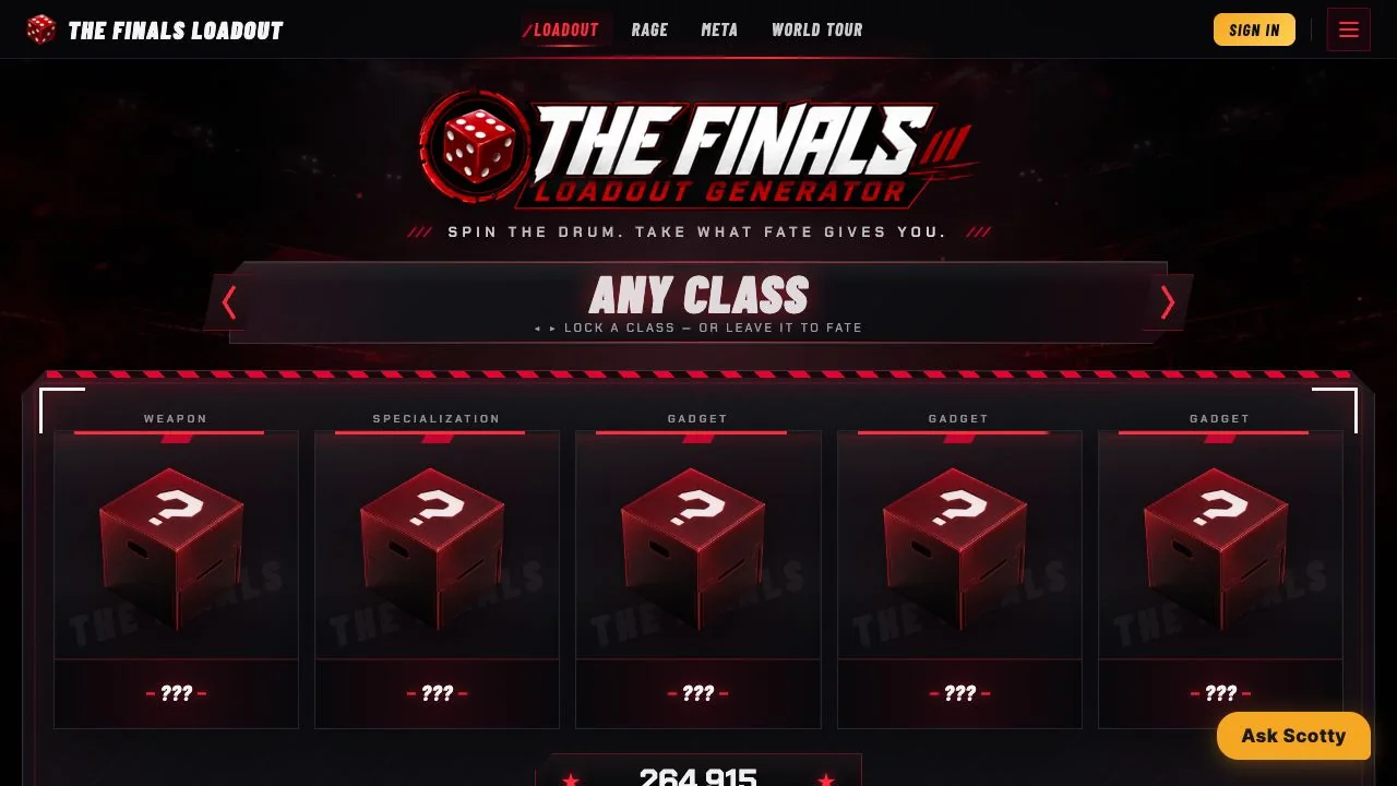 The Finals Loadout Generator interface with red weapon cards on black